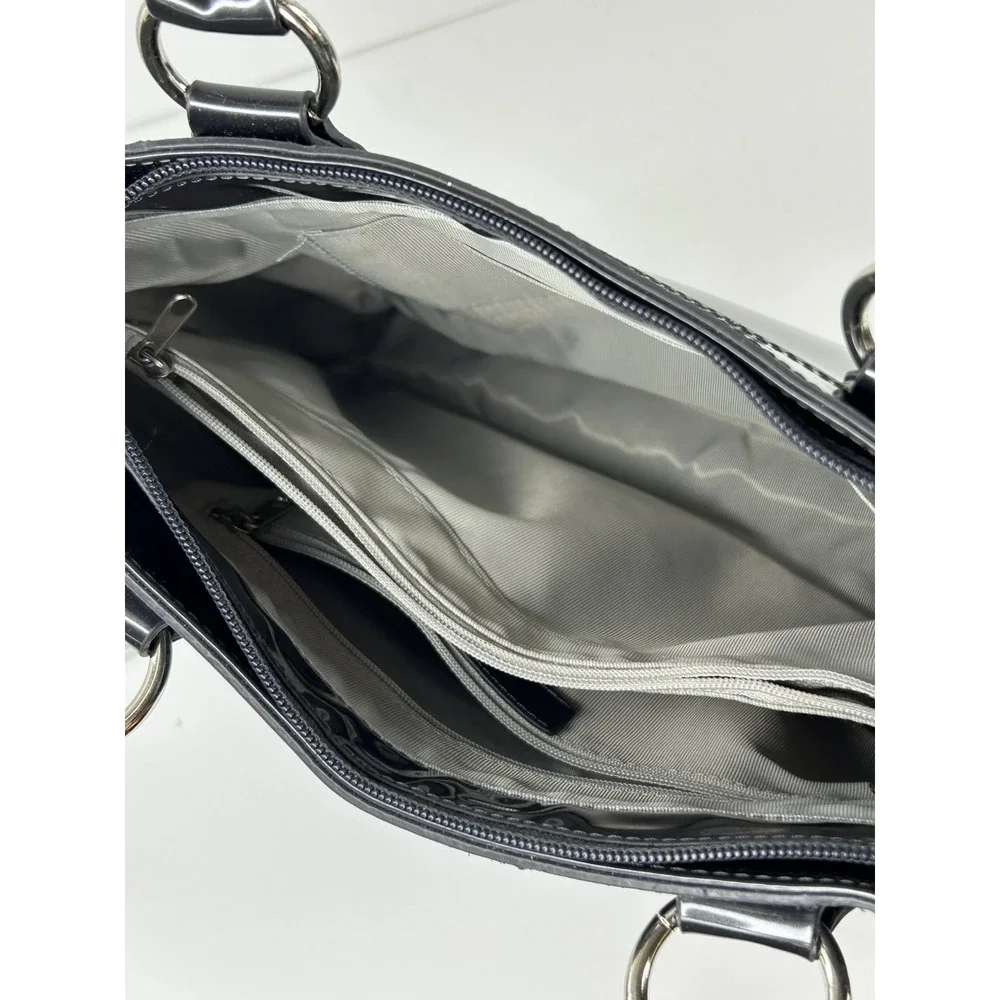 Beijo Classic Handbag Charcoal Patent Faux Leather Satchel‎ Top Handle Purse EUC